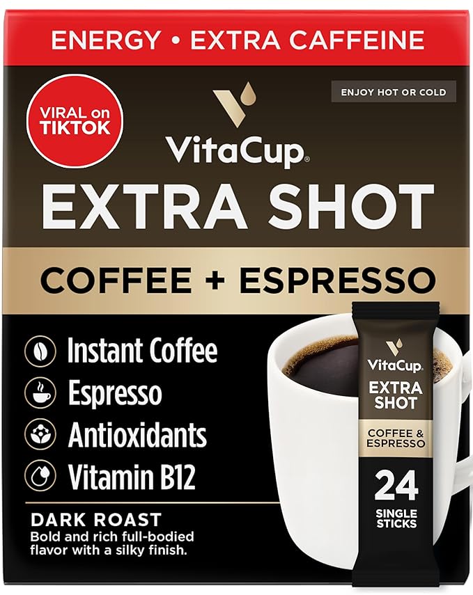 VitaCup Extra Shot Instant Coffee Packets with Espresso Shot, “Red Eye” High Caffeine, Bold Dark
