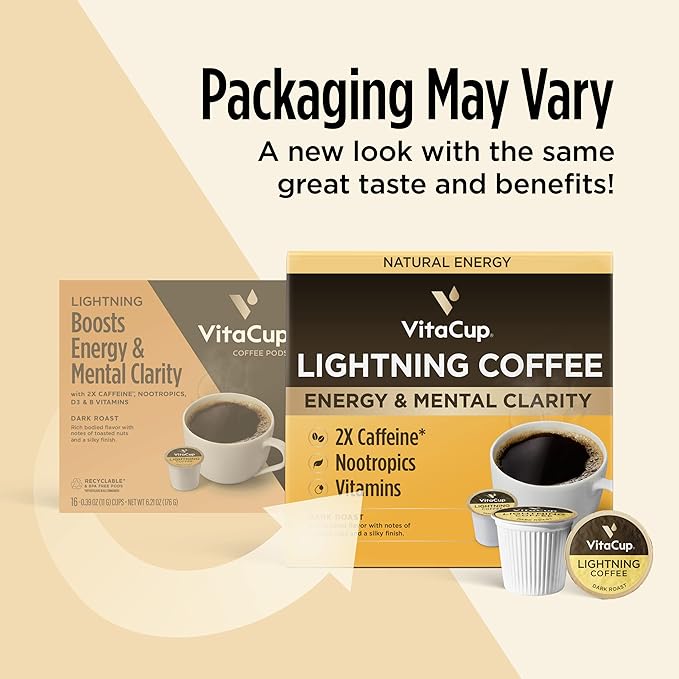 VitaCup Lightning Coffee Pods, for Focus w/ 2X Caffeine, Green Coffee Bean, B Vit, D3, Strong Dark