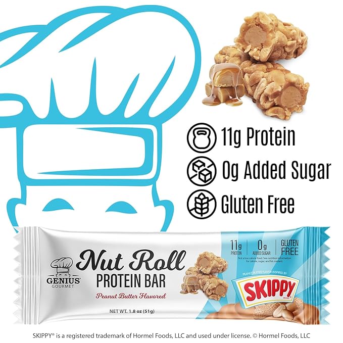 Genius Gourmet SKIPPY Peanut Butter Flavor Inspired Protein Nut Roll Bar,11g Protein per