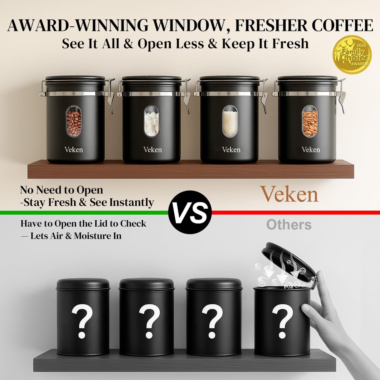 Veken Coffee Canister with Window, Airtight Stainless Steel Container, 16OZ