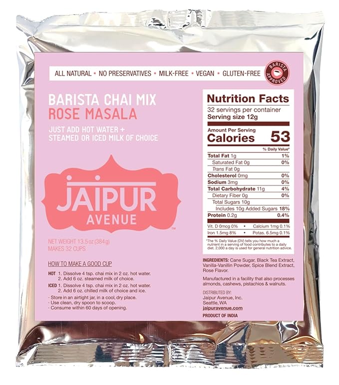 Jaipur Avenue Barista Chai Tea Mix - RoseMasala (without Milk) - Vegan, Preservative-Free
