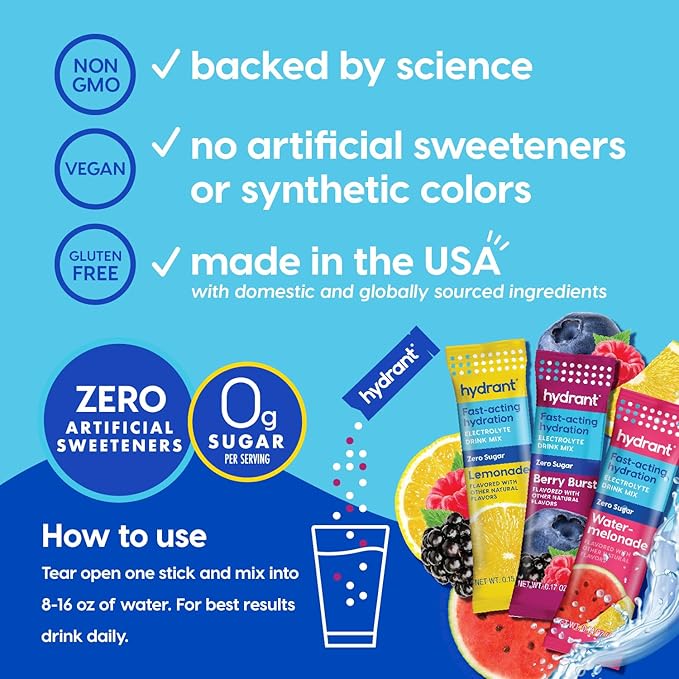 Hydrant Hydrate Zero Sugar, Individual Hydration Electrolyte Powder Stick Packets with Zero Sugar