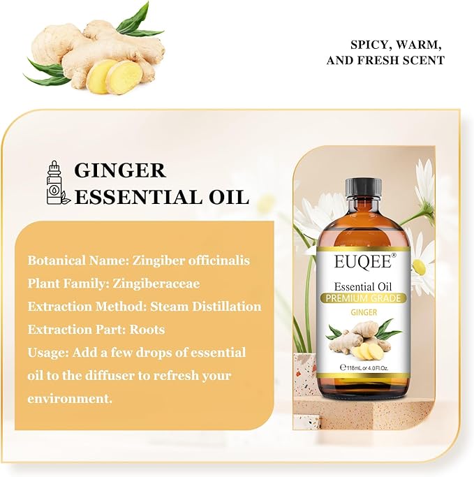 Ginger Essential Oil 118mL Pure Ginger Oil, Large Bottle Premium Essential Oil with Glass Dropper