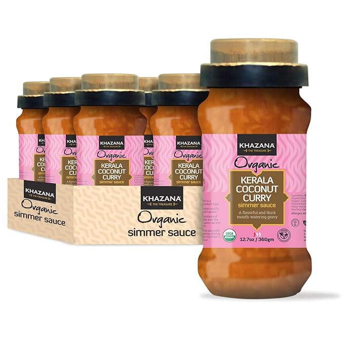 Khazana ORGANIC Kerala Coconut Curry Indian Simmer Sauce - 6 x 12.7oz Jars | Non-GMO, Vegan, Gluten
