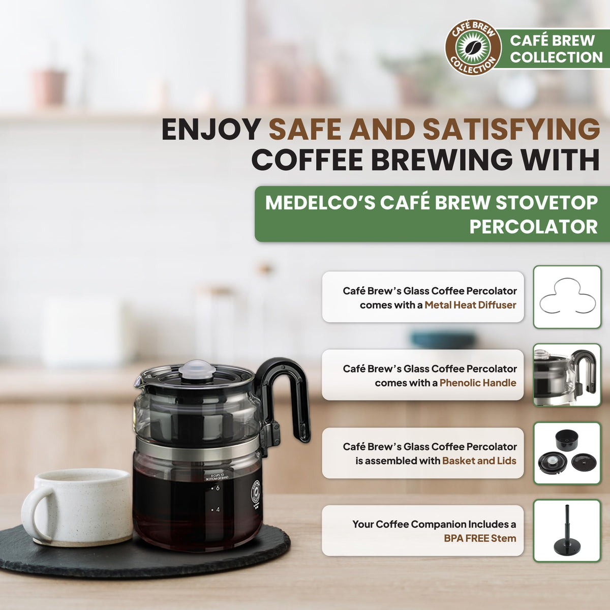 Café Brew Glass Coffee Percolator, Stovetop, 8 Cup, BPA-Free