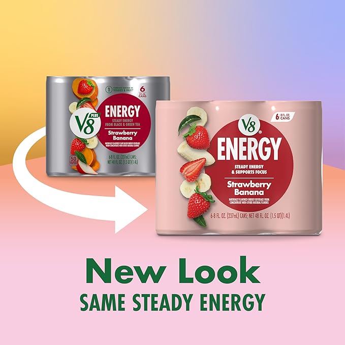 V8 +ENERGY Strawberry Banana Energy Drink, Made with Real Vegetable and Fruit Juices, 8 FL OZ Can