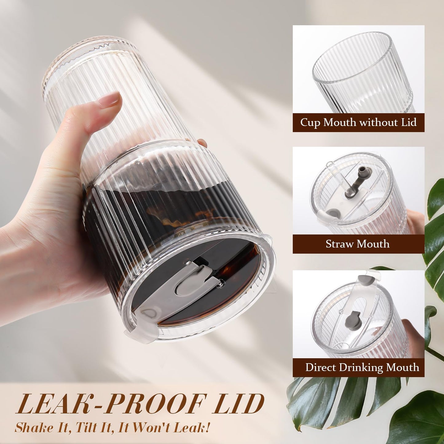 Iced Coffee Cups with Lids: Coffee Bar Accessories - Ribbed Glass Tumbler with Straw and Lid 4Pcs