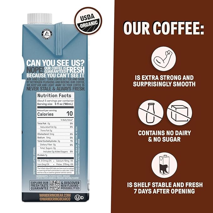 Wandering Bear Organic Vanilla Cold Brew Coffee, 32 fl oz, 6 pack - Extra Strong, Bold, Smooth