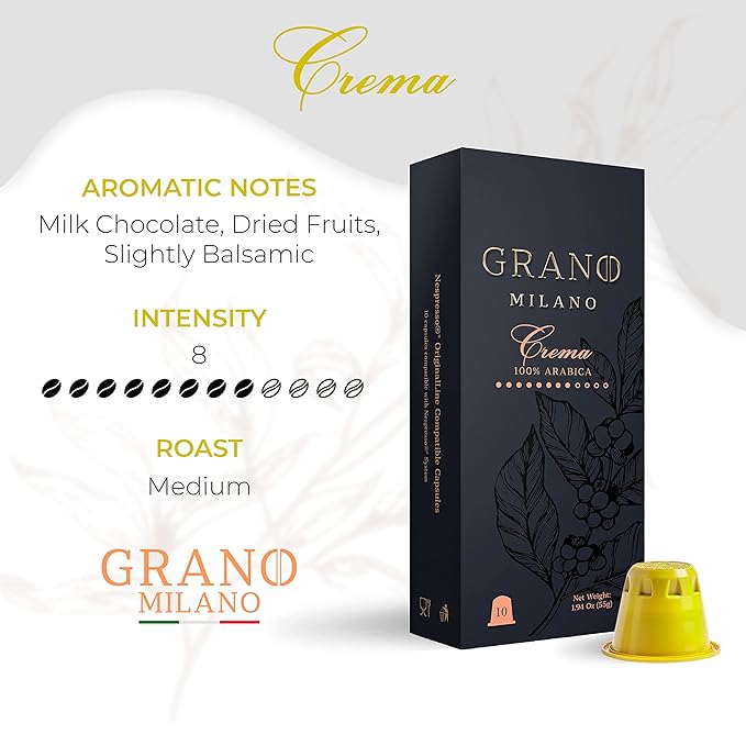 Grano Milano Crema - 50 Espresso Pods Compatible with Nespresso Original line, 100% Arabica Medium
