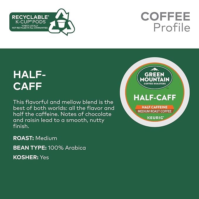 Green Mountain Coffee Roasters Half Caff, Single-Serve Keurig K-Cup Pods, Medium Roast Coffee Pods