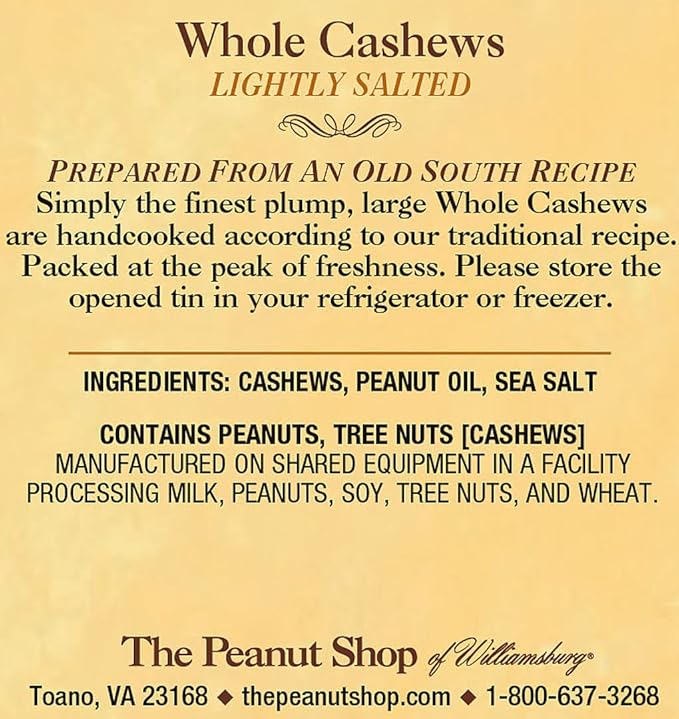 The Peanut Shop of Williamsburg Lightly Salted Whole Cashews with SEA Salt, Gluten-Free