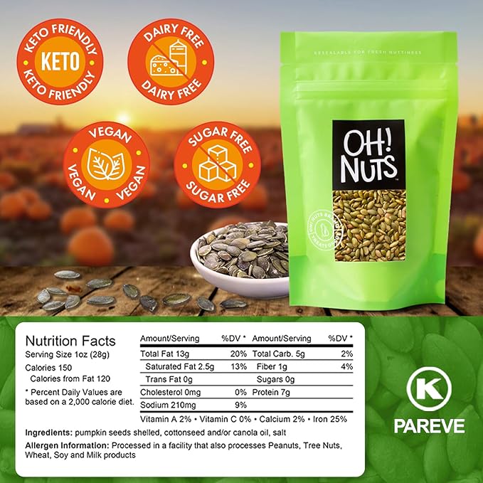 Oh! Nuts Pumpkin Seeds - Dry Roasted Salted - 2 lb - Shelled and Sprouted Pepitas - Packed in New