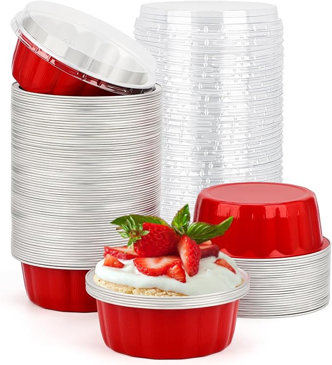 Beasea 8oz Disposable Ramekins, 100 Pack Aluminum Foil Cups with Lids, Baking Ramekin Cup Souffle