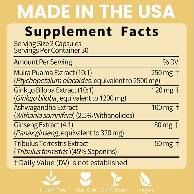 Ginseng Ashwagandha Gingko Tribulus, Herbal Supplements 60 Capsules, Adaptogen Energy Stamina