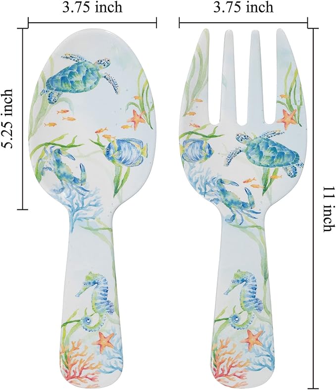 UPware Sea Life Serenade Melamine Salad Servers, Serving Utensil Set, Includes Serving Fork and