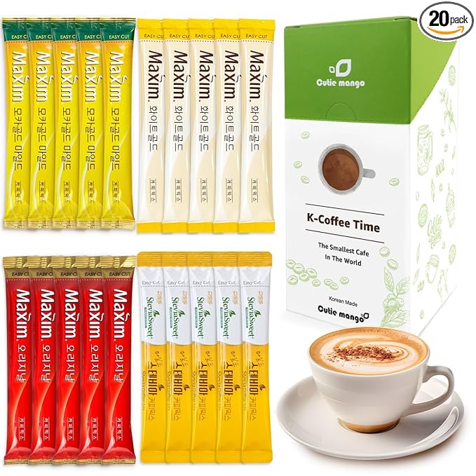 CUTIE MANGO Maxim & Stevia Variety 20 Sticks Premium Korean Instant Coffee Sampler White Mocha