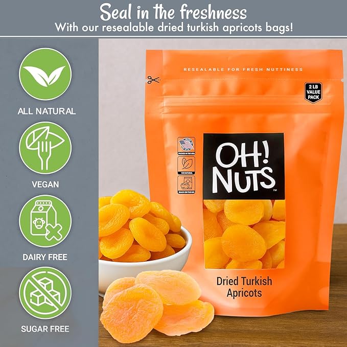 Oh! Nuts Dried Apricots Turkish - 2 lb - Dried Fruit - No Sugar Added - Dehydrated Fruit Bites
