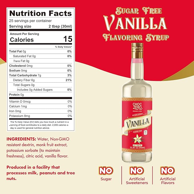 ChocZero Sugar Free Vanilla Syrup for Coffee - Keto Flavoring Syrups - Low Calorie Simple Syrup for