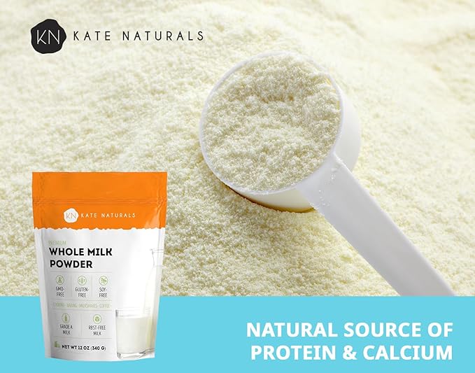 Kate Naturals Dry Whole Milk Powder for Baking, Coffee & Milkshakes (12oz) RBST-Free, Made in USA