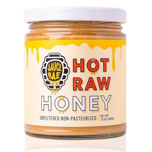 Sauce Bae Hot Raw Honey - Unfiltered & Unpasteurized, 100% USA White Clover, Perfect for