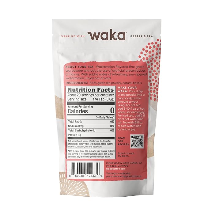 Waka Instant Green Tea Mix, Watermelon Flavored - 100% Tea Leaves, No Additives, Unsweetened