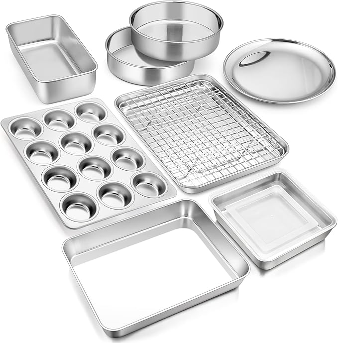 E-far 10-Piece Baking Pans set, Stainless Steel Bakeware Set for Oven, Include Cake Pan/Baking