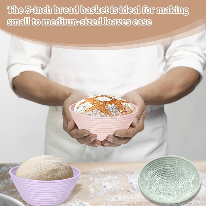 4Pcs Mini Silicone Bread Proofing Baskets, 5" Sourdough Banneton Proofing Basket Baskets, Non-Stick