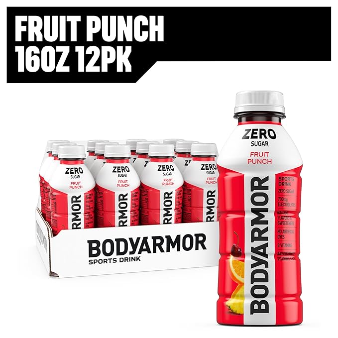 BODYARMOR ZERO Sugar Fruit Punch, Sugar Free Sports Drink - Low-Calorie Hydration - Natural Flavors with Potassium Packed Electrolytes, Antioxidants, and B-vitamins, 16 fl oz (pack of 12)