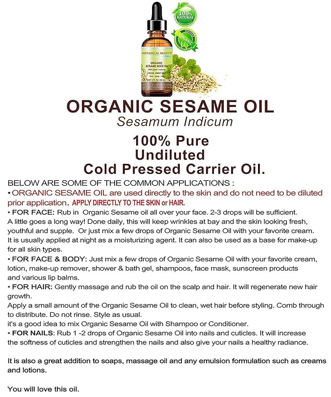 Organic SESAME SEED OIL 100% Pure Natural Virgin Unrefined Undiluted Cold Pressed Carrier Oil for
