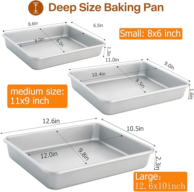 Deep Baking Pans Set of 3, Rectangle Cake Pan Nonstick, Heavy Duty Thick Bakeware Lasagna Pan for