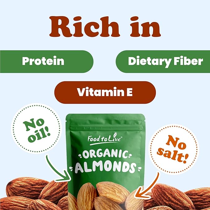 Food to Live Organic Dry Roasted Almonds, 12 Ounces – Non-GMO, Unsalted, Vegan, Keto, Paleo