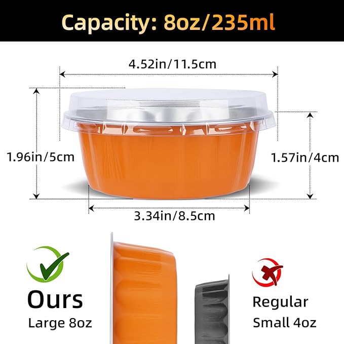 Beasea Ramekins Baking Cups with Lids, 120 Pack 8 oz 4 Inch Mini Disposable Orange Aluminum Foil