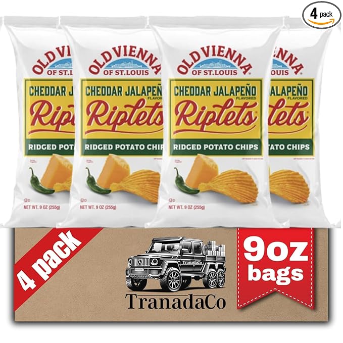 Old Vienna of St. Louis Cheddar Jalepeno Flavored Riplets Ridged Potato Chips 9oz Bags (4 Pack) by
