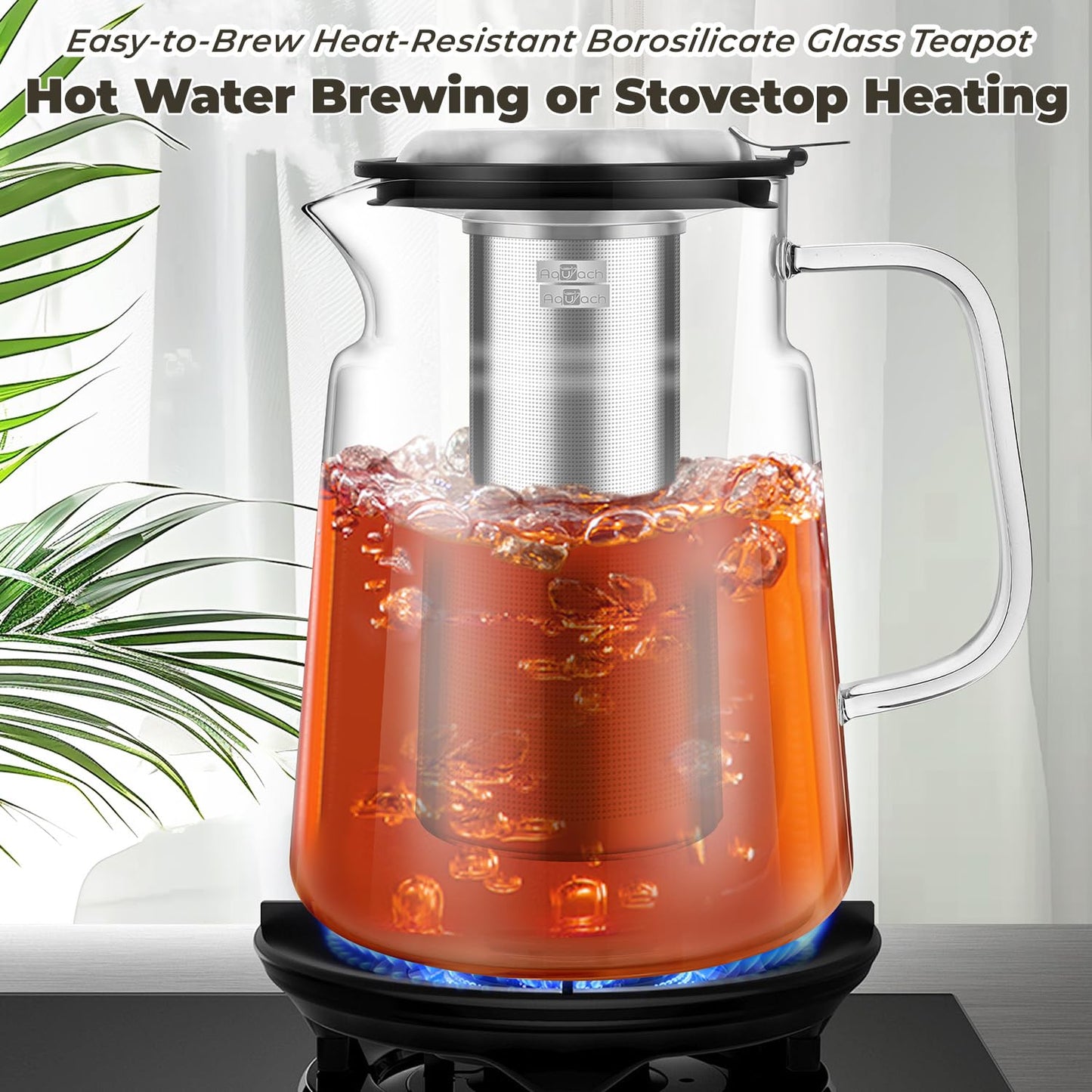 Aquach 74oz Glass Tea Pot with Infuser, Stovetop Safe Borosilicate Teapot