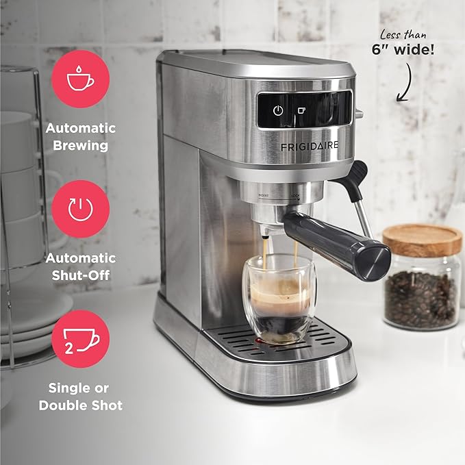 Frigidaire Steam Espresso Maker, Coffee Machine with Milk Frother & Cup Warmer, 20 Bar Pressure, 34