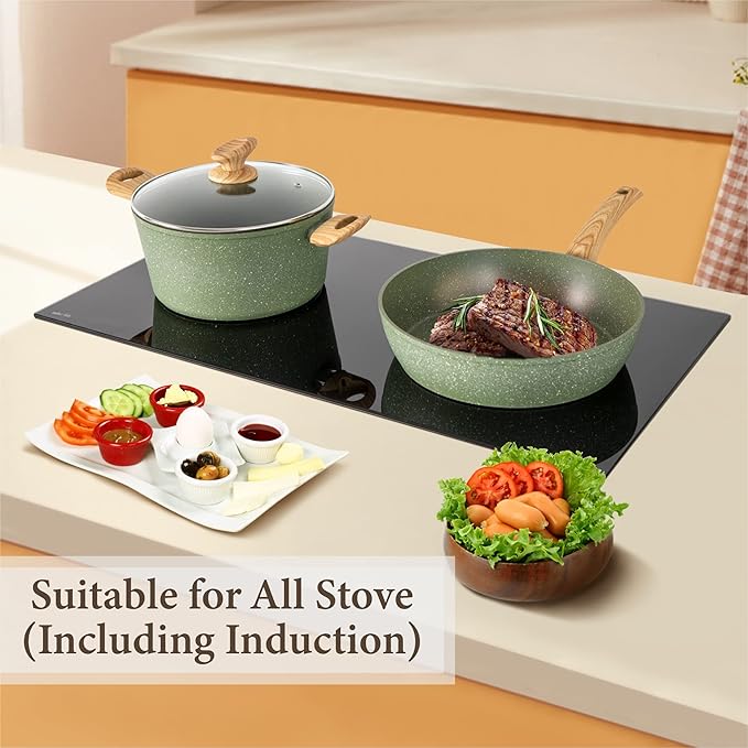 Kitchen Academy Non Toxic Pots and Pans Set Non Stick - 12 Piece Induction Cookware Sets, Green