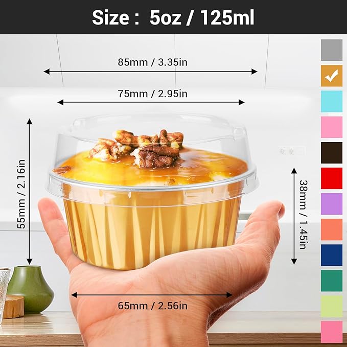 EUSOAR Disposable Ramekins, Gold 50pcs 5oz Mini Aluminium Foil Baking Cups with Lids Creme Brulee