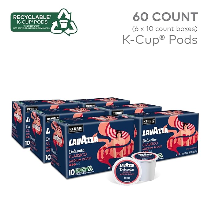 Lavazza Dolcevita Classico, Single-Serve Keurig K-Cup Pods, Medium Roast Coffee, 60-Count Box (6