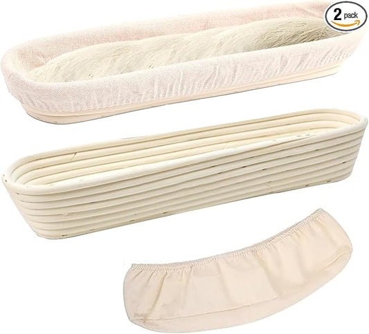 Banneton Bread Proofing Basket - 15 Inch Baguette Sourdough Bread Basket with Liner - Set of 2