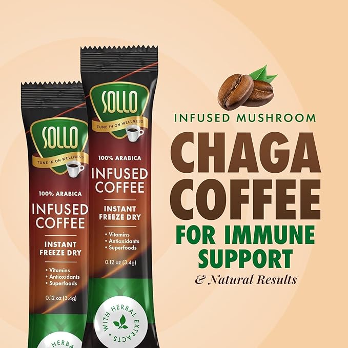Sollo Infused Instant Chaga Mushroom Coffee Sticks (24 Servings) Memory & Clarity Support, 100%