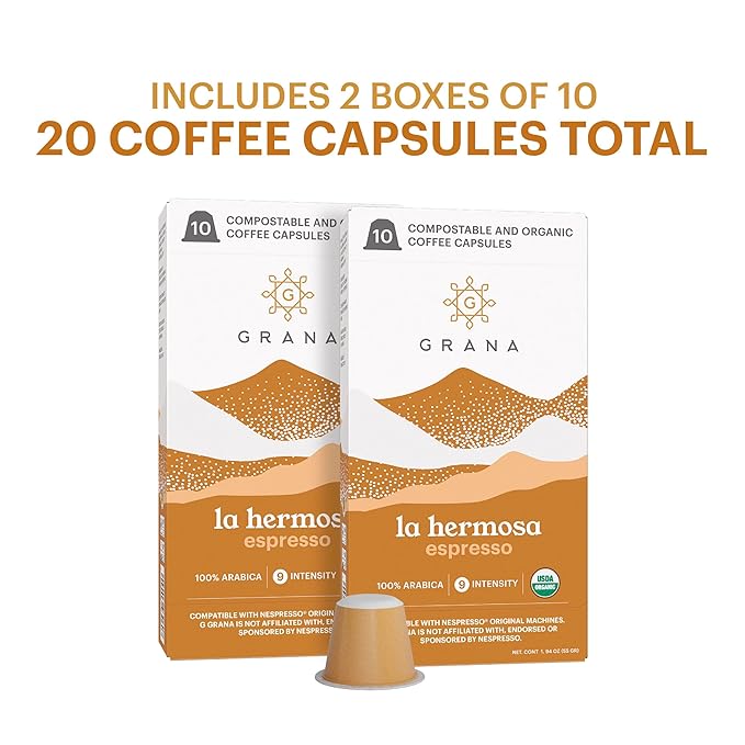 G GRANA Coffee Pods, Compatible with Nespresso OriginalLine, 20 Pack, Dark Roast, USDA Organic 100%
