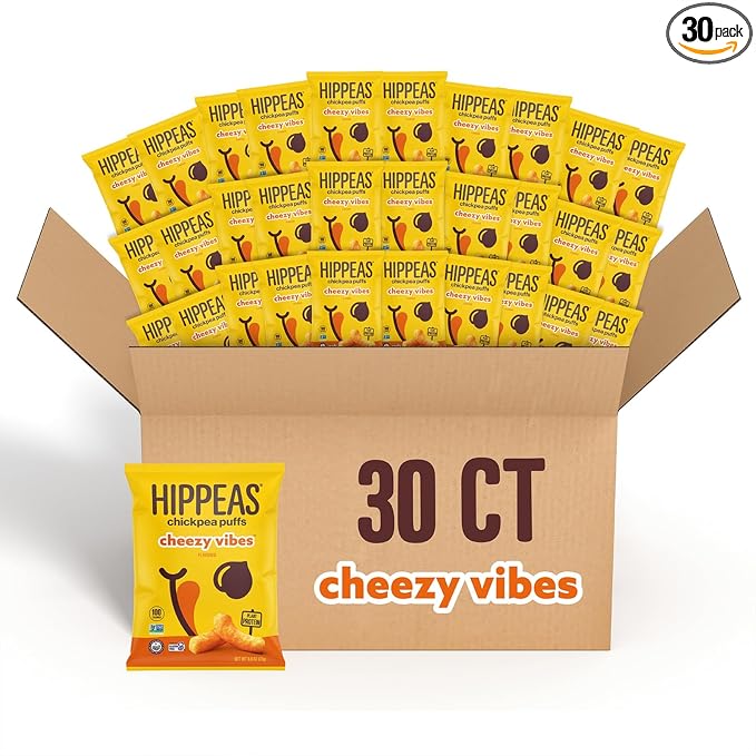 Hippeas Chickpea Puffs, Cheezy Vibes, 0.8 Ounce (Pack of 30), 3g Protein, 2g Fiber, Vegan