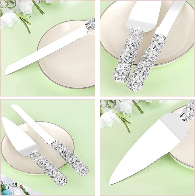 Wedding Cake Knife and Server Set - 2 Piece Dessert Set Metal Handle with Crystal Stones Decoration