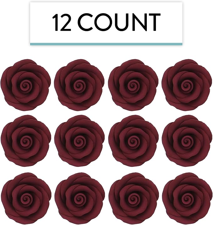 Global Sugar Art Premium Edible Roses, Burgundy, Unwired, Medium 1.5 inches, 12 Count by Chef Alan