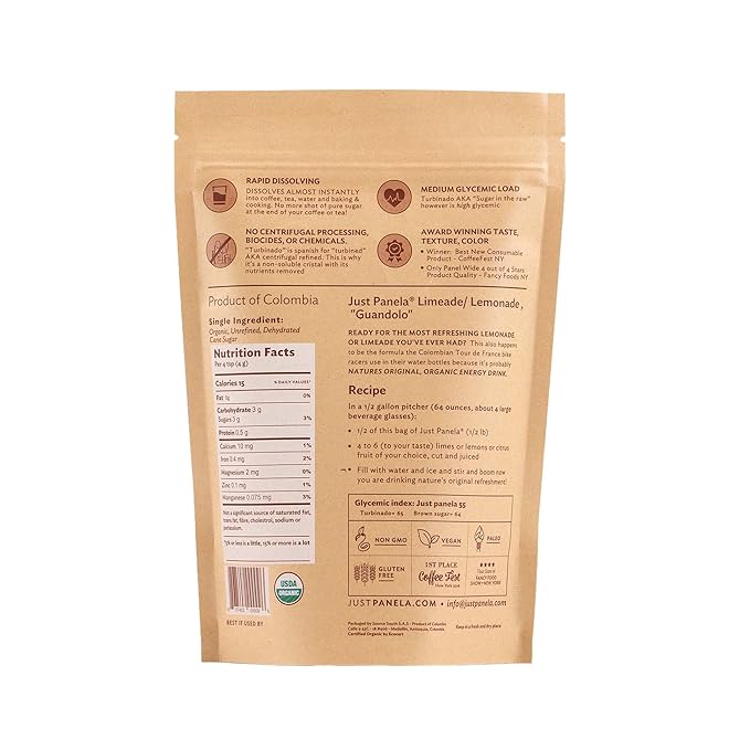 Just Panela Organic Unrefined Cane Sugar 1 Pound Pack of 8 | 100% Unprocessed, Raw Sugar | Great