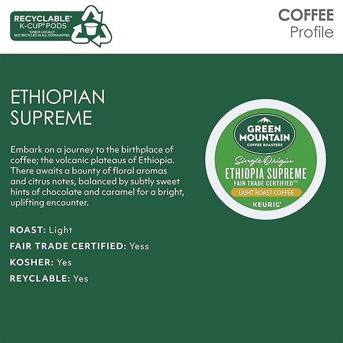 Green Mountain Coffee Ethiopia Supreme Keurig Single-Serve K Cup Pods, Light Roast Coffee, Ethiopia