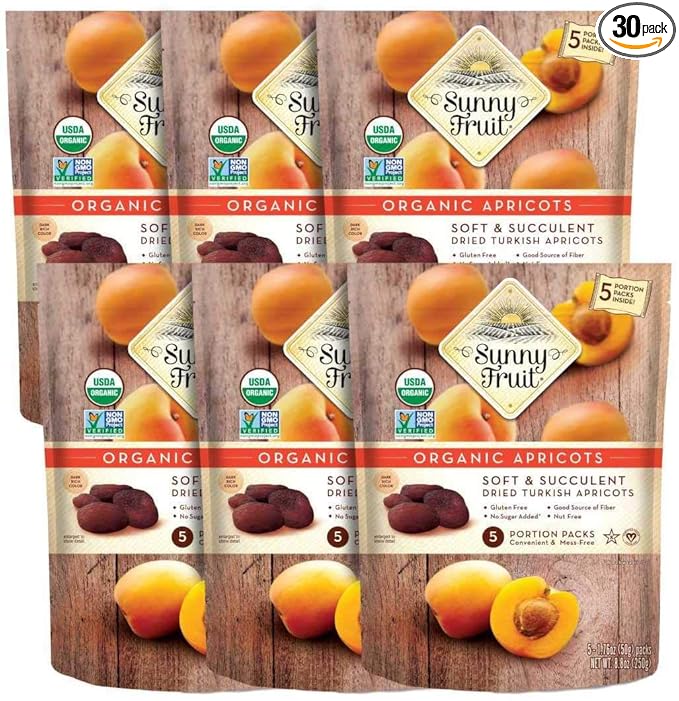 Sunny Fruit Soft Organic Turkish Dried Apricots - 6 Bags (30 Individual Portion Packs) | No