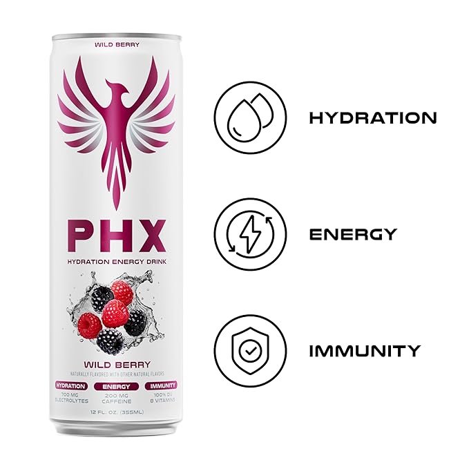PHX Hydration Energy Drink - 700mg Electrolytes, 200mg Natural Green Tea Caffeine, 100% Daily Value