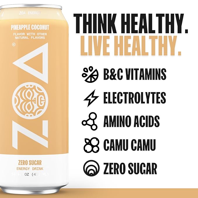 ZOA Zero Sugar Energy Drinks, Pineapple Coconut - Sugar Free with Electrolytes, Healthy Vitamin C