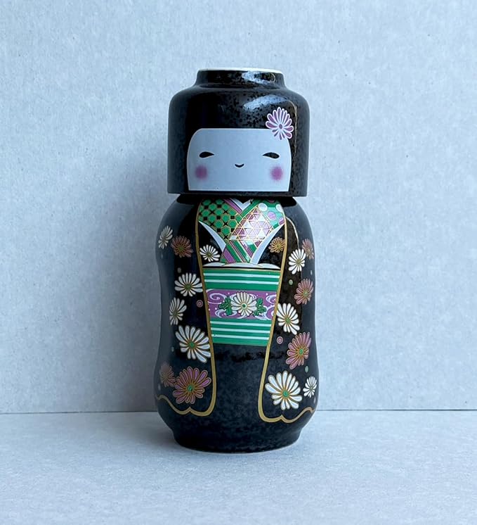 Japanese Traditional Kokeshi Design Sake Wine Soju Ceramic Set with 1 Ochoko Cup and 1 Tokkuri